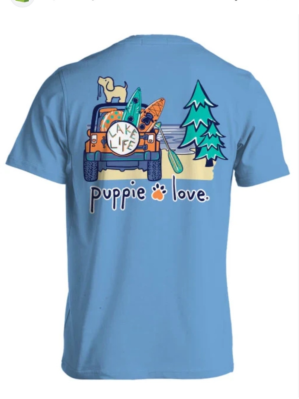 Puppie Love "Lake Life" Blue Graphic Tee / Short Sleeve Jeep Kayak Dog Large
